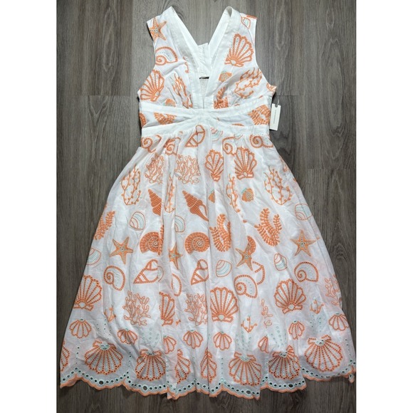 Anthropologie Maeve Embroidered Scallop White Sea Shell Midi Sundress 10 Resort - Picture 6 of 16